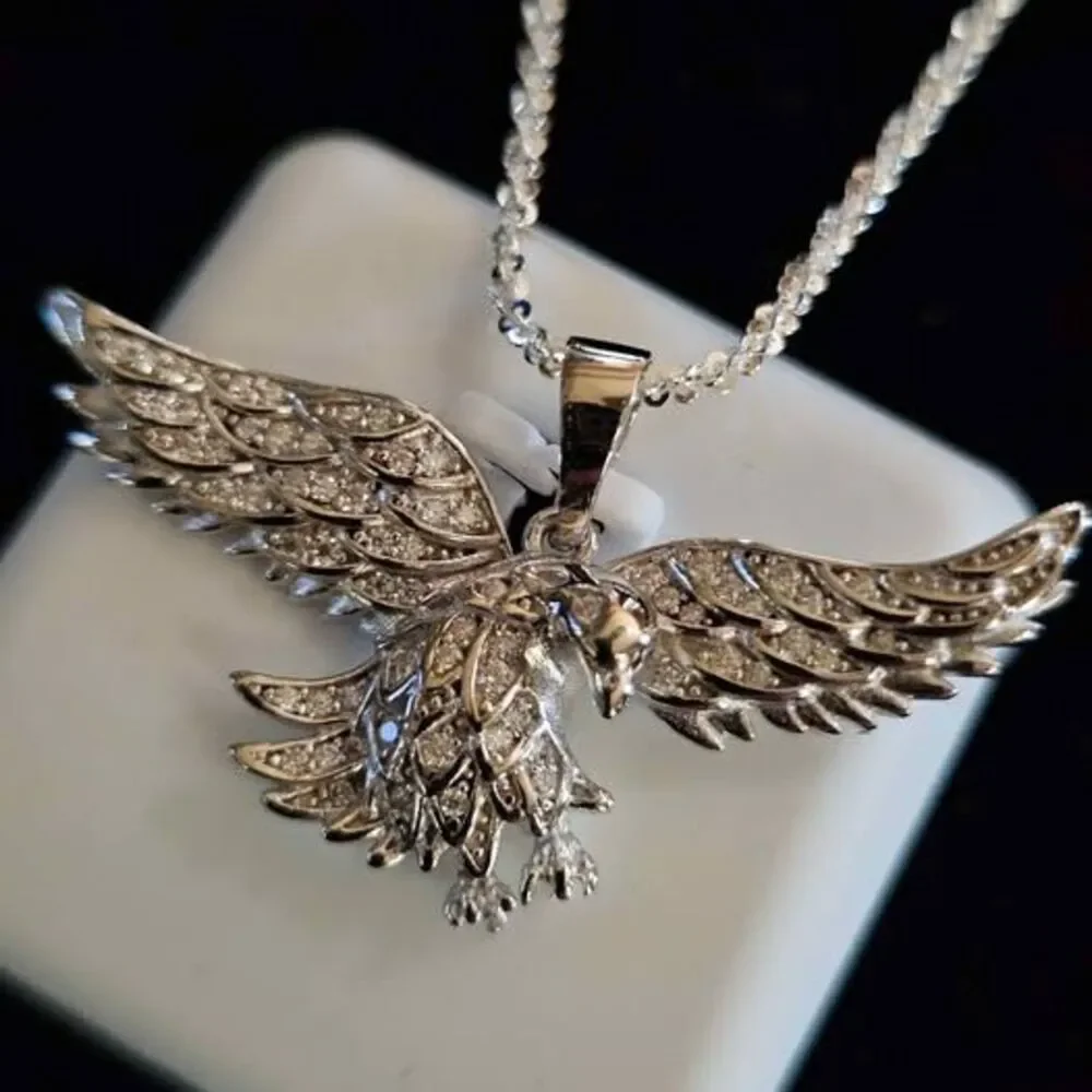 .75CTW VVSD Moissanite Eagle pendant in 925 sterling silver on 20